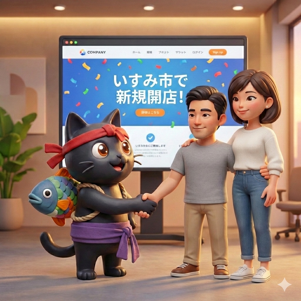 お客様と握手する猫のキャラクター